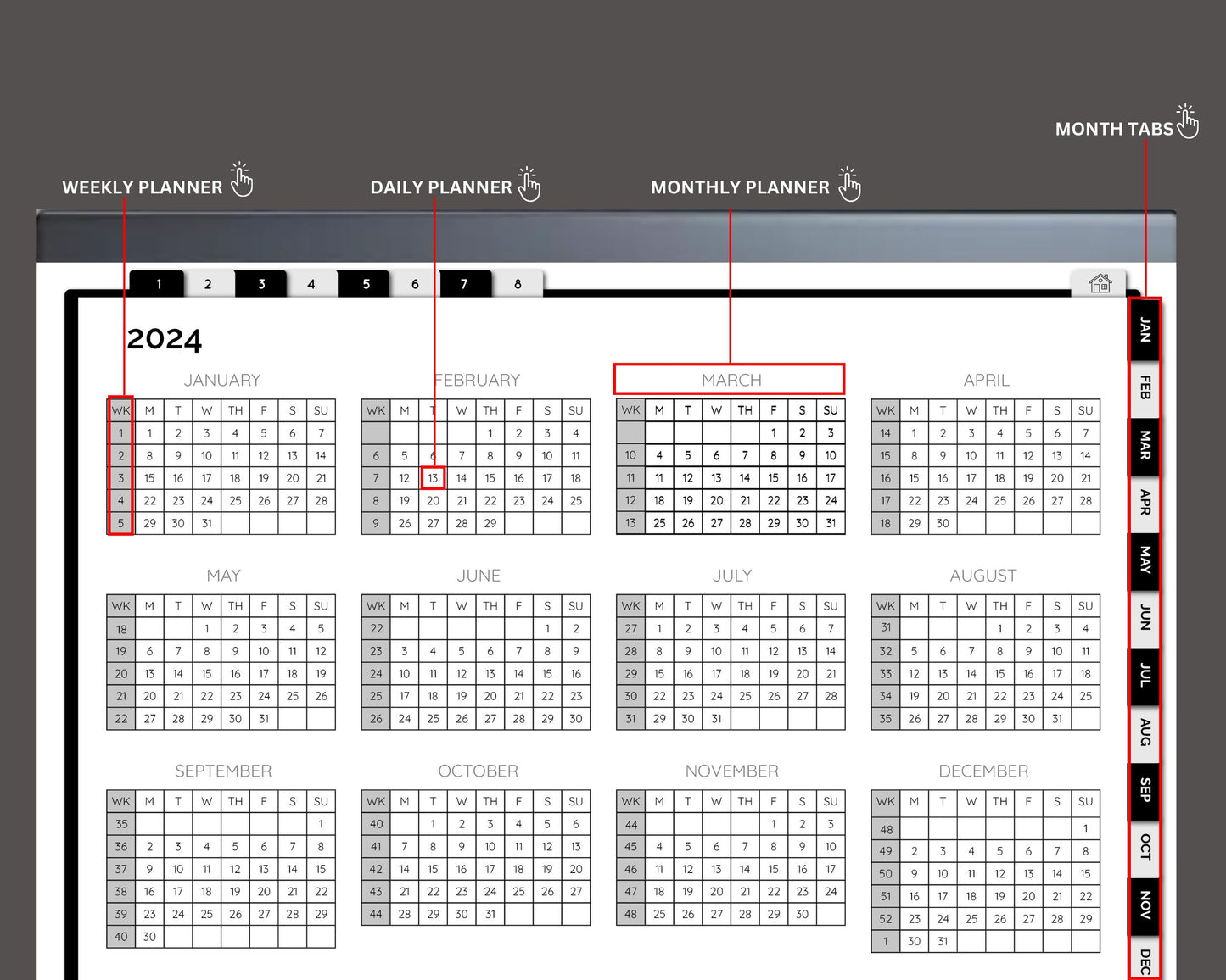 reMarkable 1 & 2 2024 Dated Planner, Fully Hyperlinked