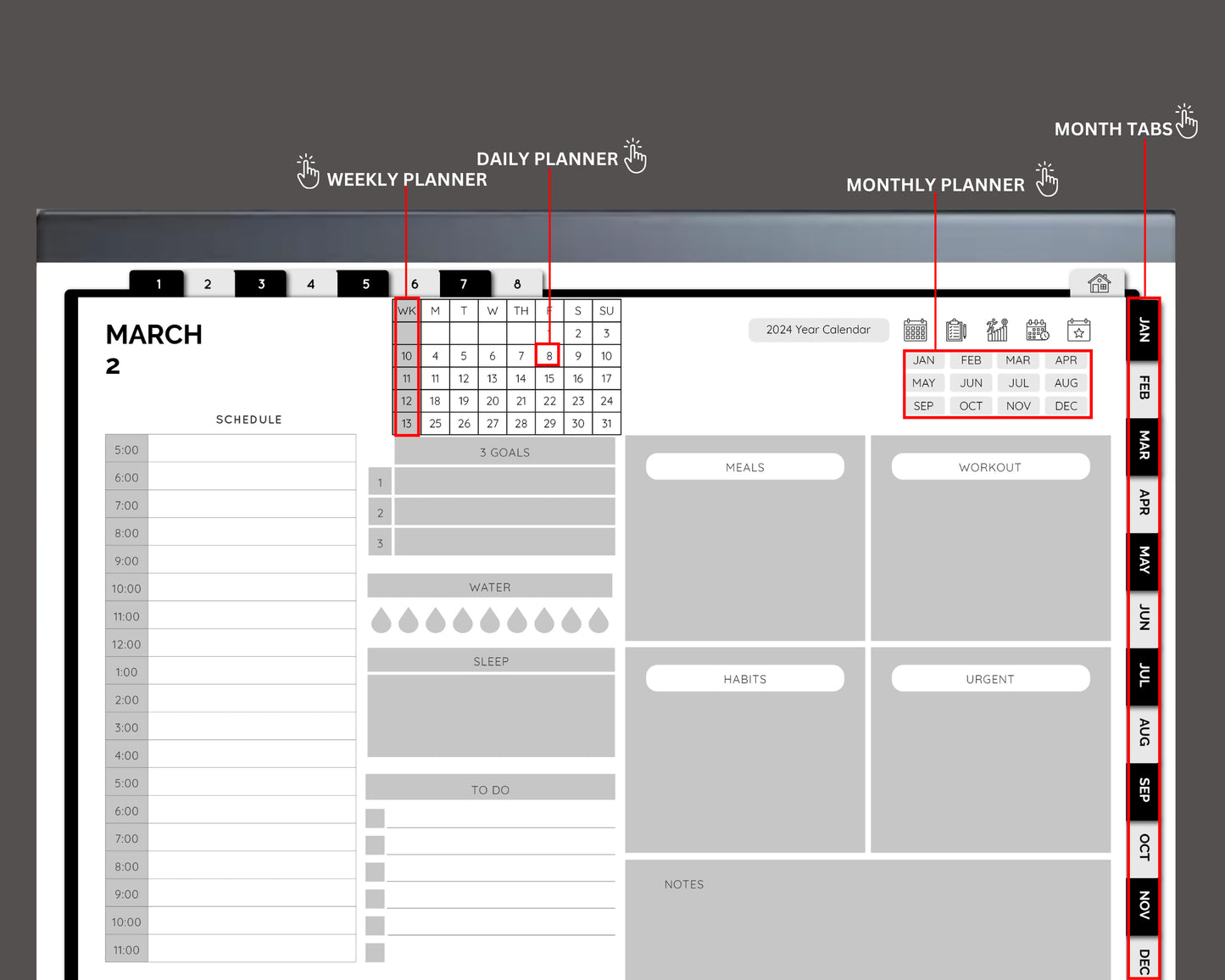 reMarkable 1 & 2 2024 Dated Planner, Fully Hyperlinked