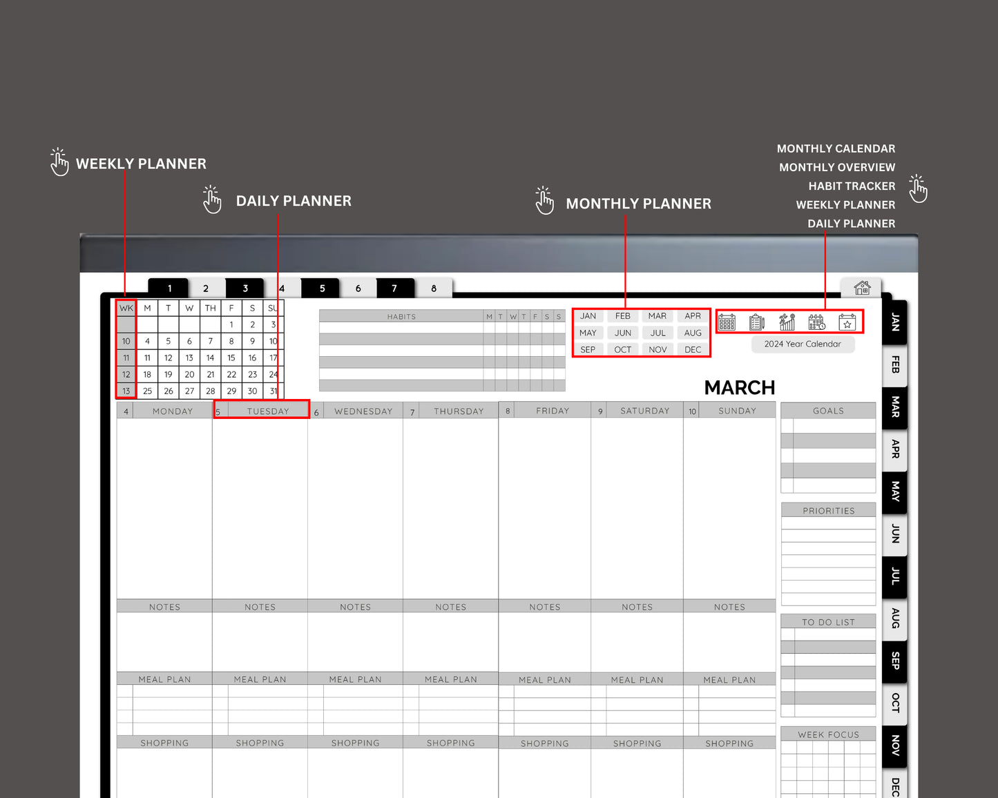 reMarkable 1 & 2 2024 Dated Planner, Fully Hyperlinked