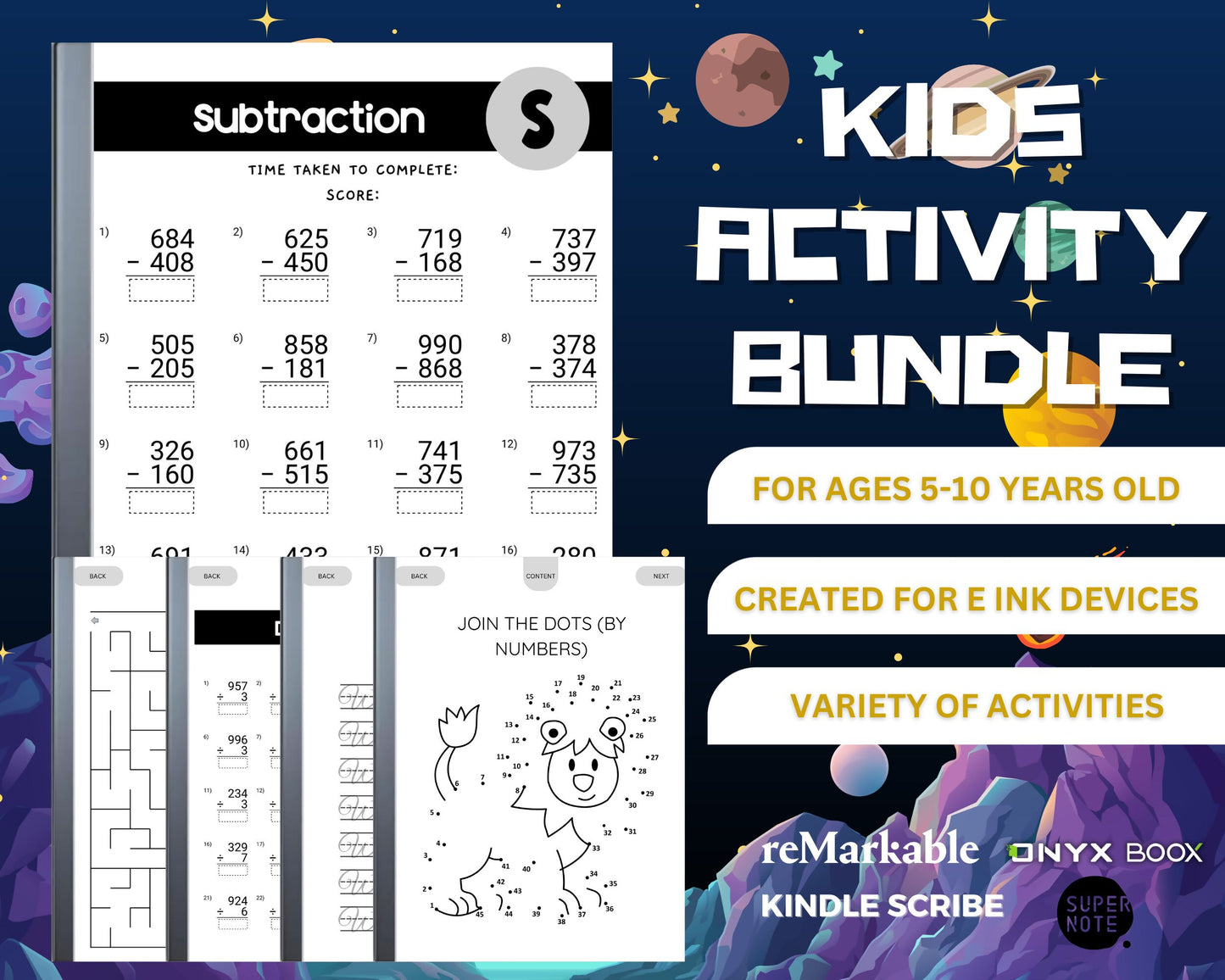 Kids Activity Bundle for Kindle Scribe, reMarkable 2, Onyx Boox, Supernote (Math, Wordsearch, Mazes, Handwriting and more)